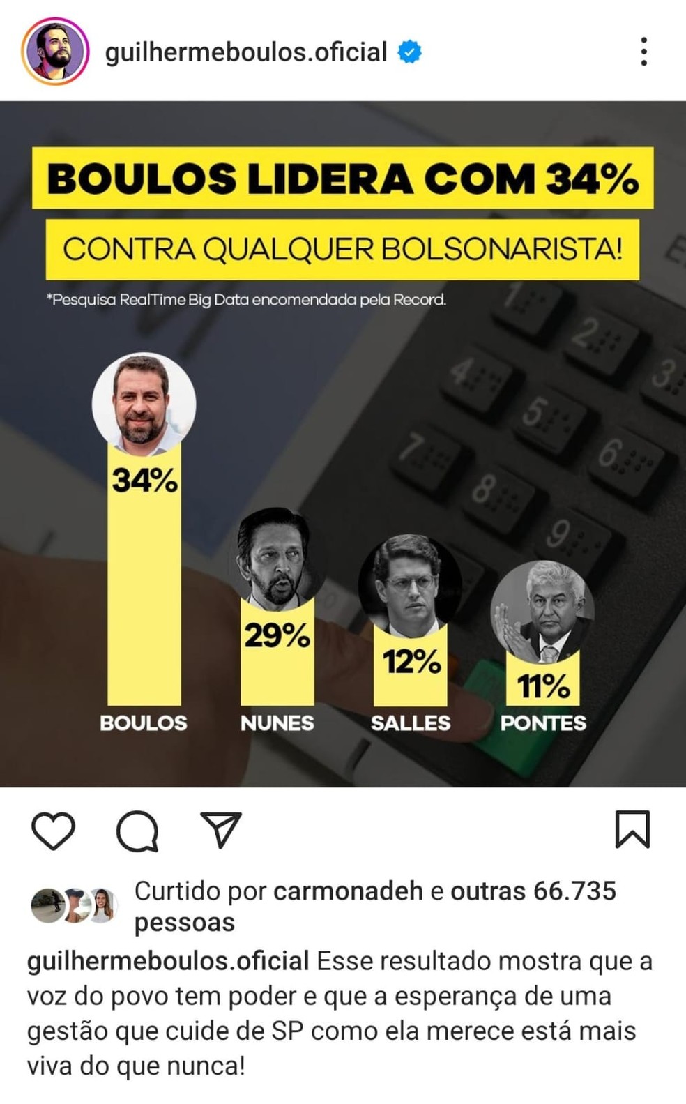 Boulos omitiu o nome de Tabata Amaral ao divulgar resultados de pesquisa de intenção de votos para prefeitura de São Paulo — Foto: Instagram/Reprodução