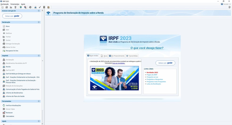 Programa do Imposto de Renda 2024 vai estar disponível em 12 de março (Na foto, tela inicial do programa IRPF 2023) — Foto: Reprodução / Receita Federal