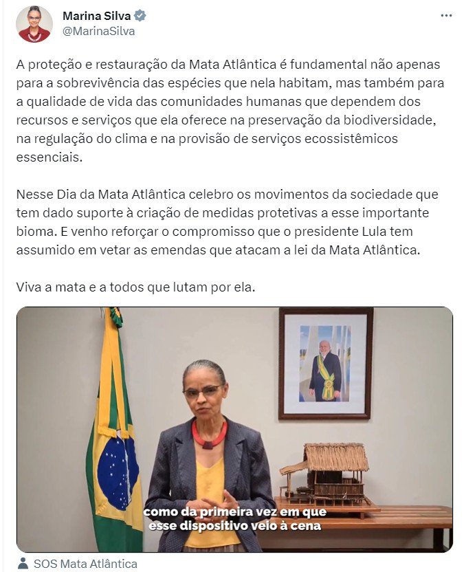 Marina Silva fala sobre veto de Lula à MP da Mata Atlântica