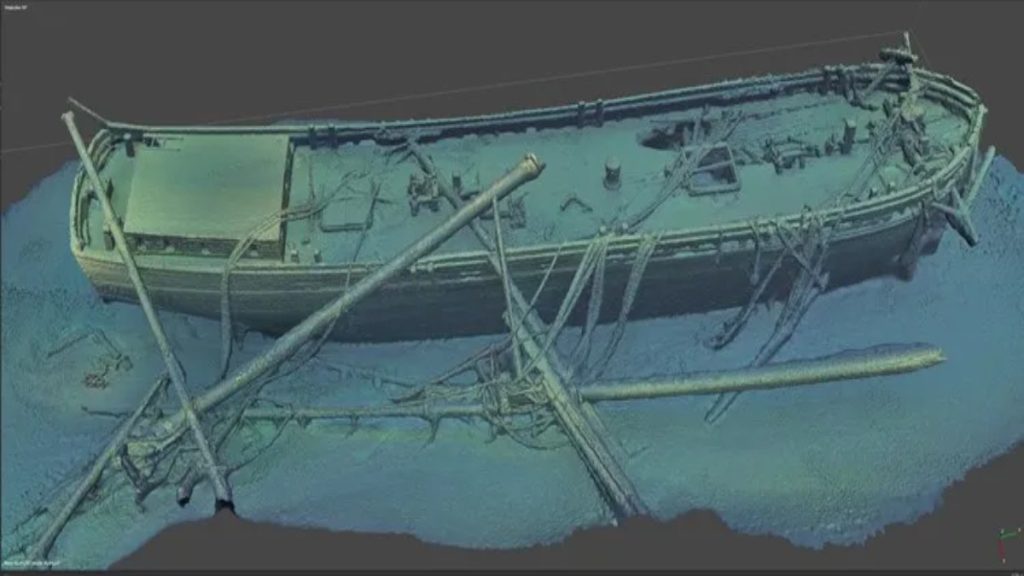 imagem 3D do navio no fundo do lago