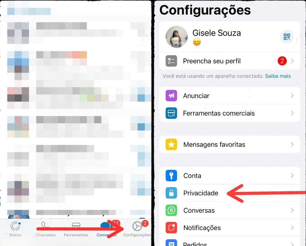 Acesso ao campo de privacidade nas configurações do aplicativo WhatsApp — Foto: Reprodução/Gisele Souza