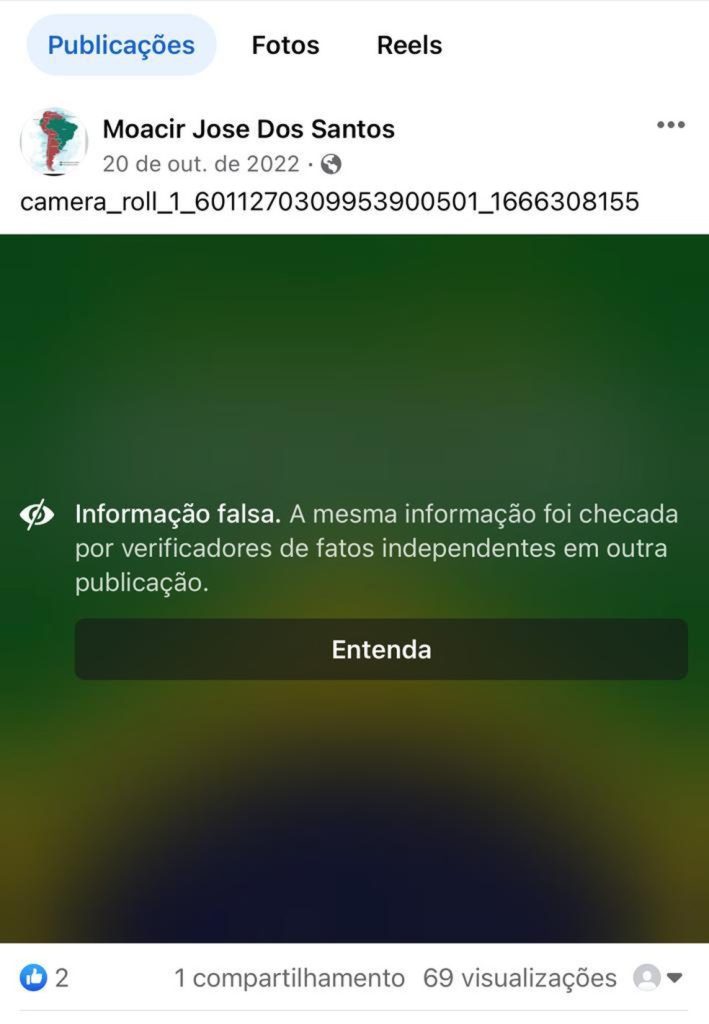Postagem aparece com selo de notícia falsa no perfil de Moacir que será julgado no STF por atos golpistas — Foto: Redes sociais