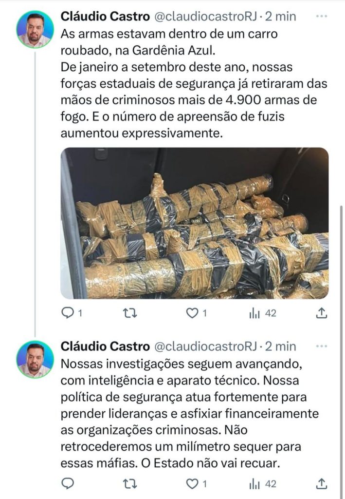 Governador Cláudio Castro disse numa rede social que estado do Rio não irá retroceder no combate às máfias — Foto: Reprodução
