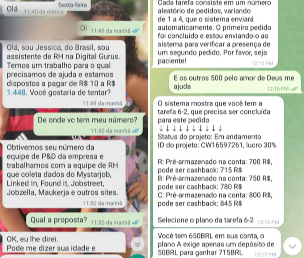 Mensagens do golpe do engajamento — Foto: Reprodução/TV Globo