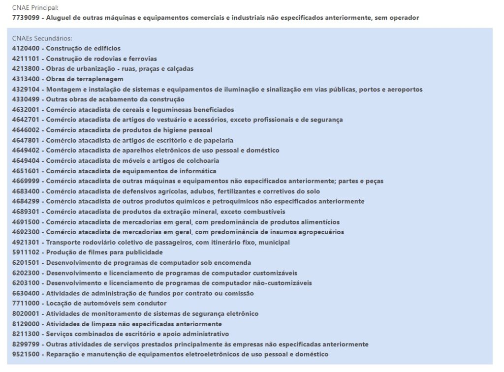 As atividades secundárias da Asr Locacao de Veiculos e Maquinas Pesadas | Foto: Reprodução