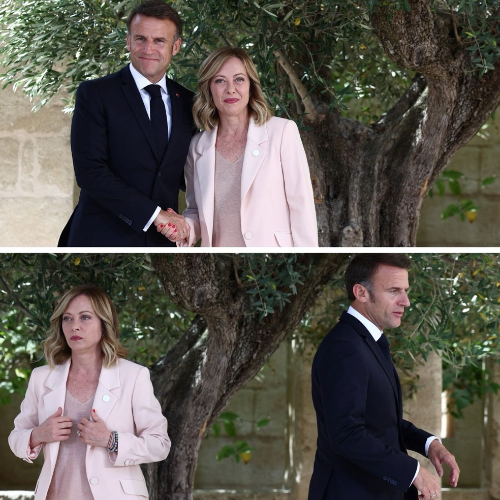 Macron e Meloni durante encontro do G7, nesta sexta-feira (14) — Foto: REUTERS/Guglielmo Mangiapane