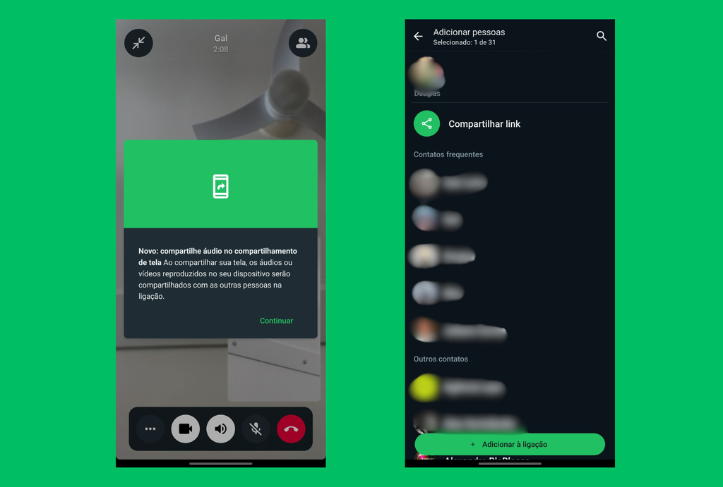 WhatsApp permite compartilhar áudios e fazer chamadas de vídeo com 32 participantes (Imagem: Captura de tela/André Magalhães/Canaltech)