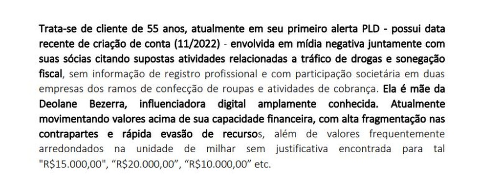 COAF sobre Solange Bezerra — Foto: reprodução