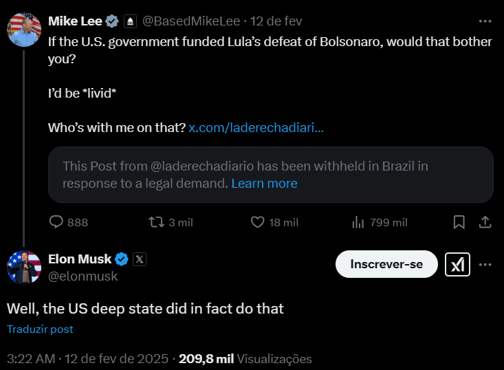 Elon Musk respondeu a republicano sobre suposto financiamento de Biden à campanha de Lula | Foto: Reprodução/X