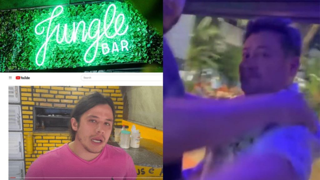 Letreiro do Jungle Bar da Asa Norte, repórter americano Addison Basurto (à esquerda) e suposto funcionário do Departamento de Estado americano filmado por Basurto. Fotos: Reprodução/Instagram/YouTube