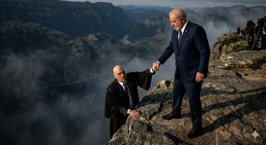 Lula e Moraes no abismo; imagem gerada por IA