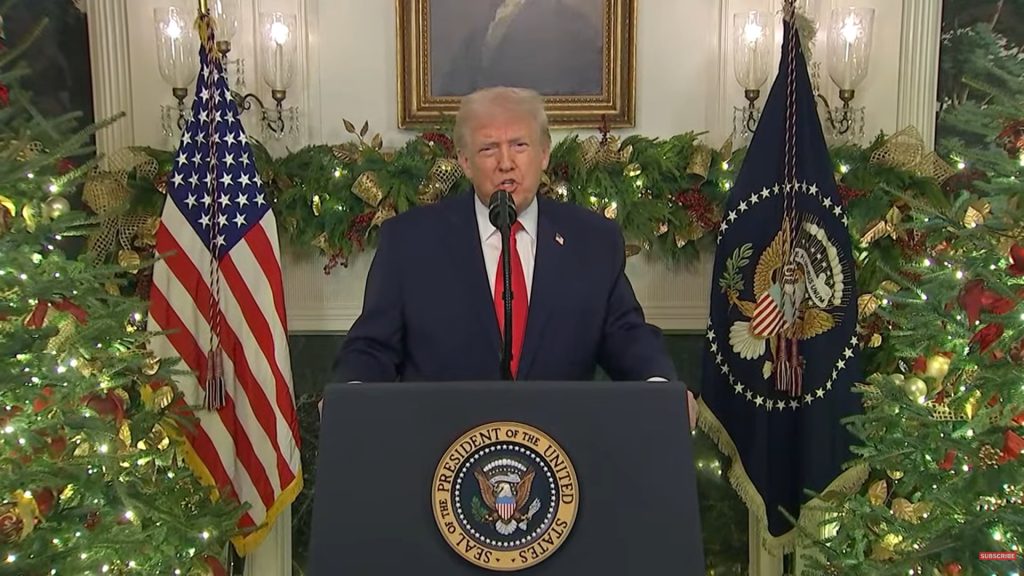 EUA - Donald Trump, em pronunciamento de 17 de dezembro de 2025. Foto: Reprodução/The White House